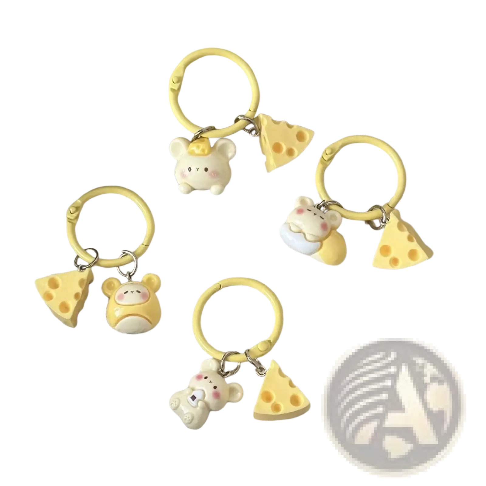 Yellow silicone cheese mouse cartoon keychain featuring a white bear charm with pink cheeks and a golden crown