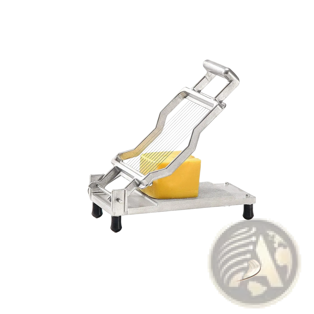 Silver metal cheese slicer with adjustable 316 stainless steel wire cutting a block of yellow cheese on its surface