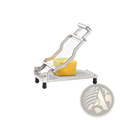 Silver metal cheese slicer with adjustable 316 stainless steel wire cutting a block of yellow cheese on its surface