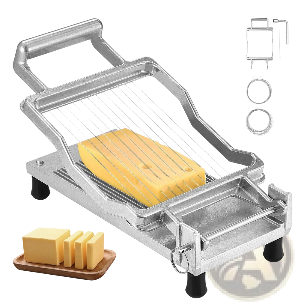 Silver stainless steel cheese slicer with adjustable 316 wire and sturdy handle for precise hard cheese slicing