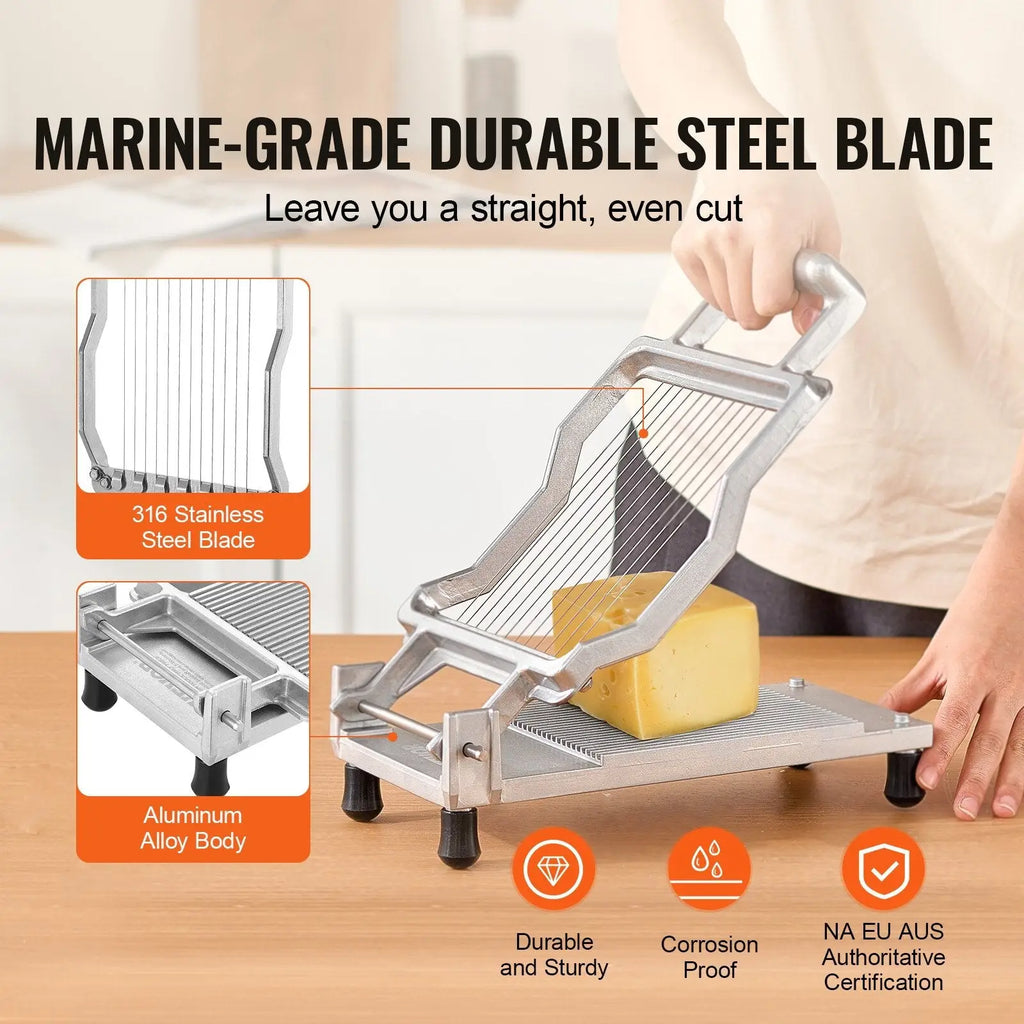 Silver-colored cheese slicer with adjustable 316 stainless steel wire blade and aluminum alloy body for precise cutting