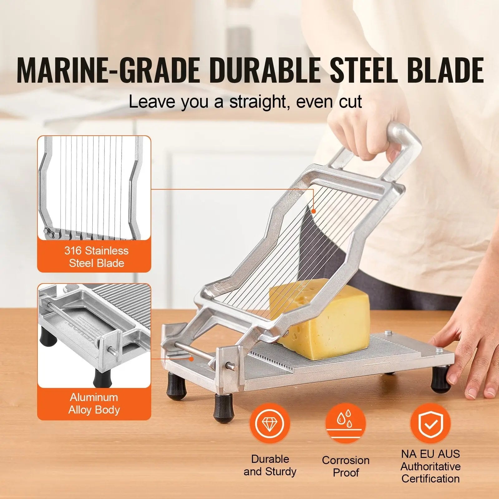 Silver-colored cheese slicer with adjustable 316 stainless steel wire blade and aluminum alloy body for precise cutting