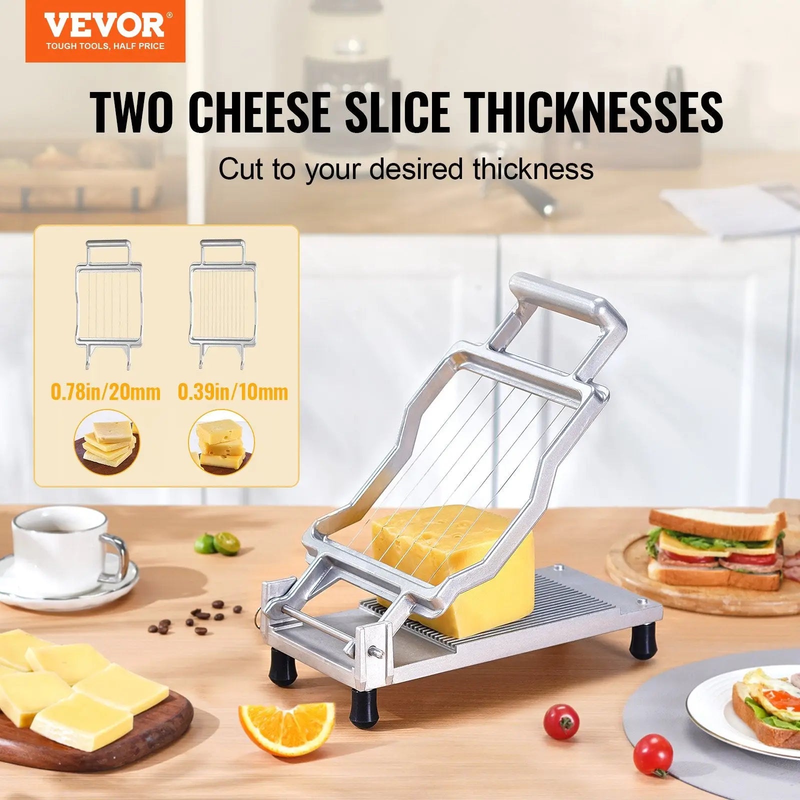 Silver Vevor cheese slicer with adjustable thickness settings 316 stainless steel wire sturdy metal frame and black feet