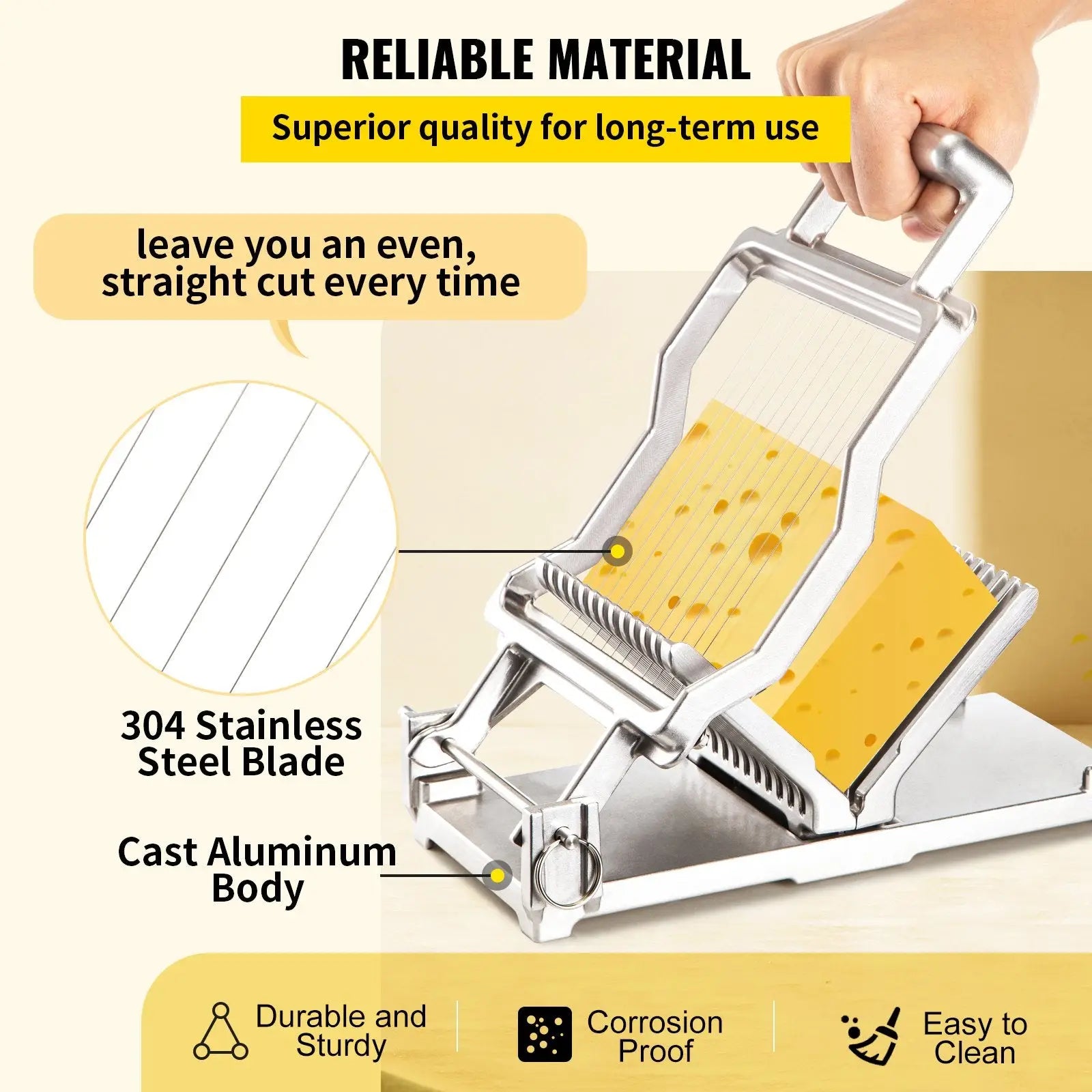 Silver-colored cheese slicer with 304 stainless steel blade and cast aluminum body featuring 1cm and 2cm wire blades