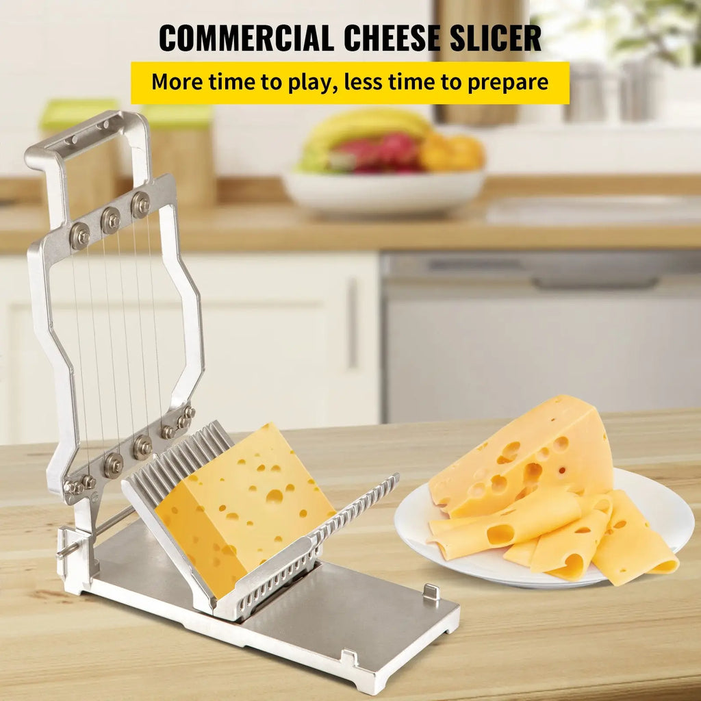 Stainless steel commercial cheese slicer with multiple adjustable 1cm and 2cm wire cutting blades and sturdy base