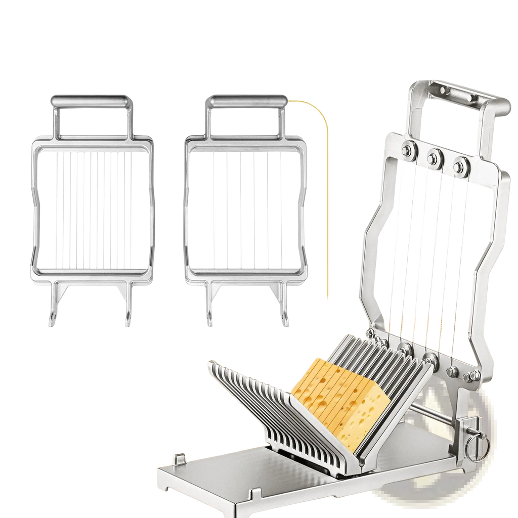 Stainless steel cheese slicer with wire and adjustable 1cm and 2cm blades for precise even cuts
