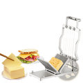 Stainless steel cheese slicer with wire 1cm and 2cm cutting blades and a handle for precise slicing