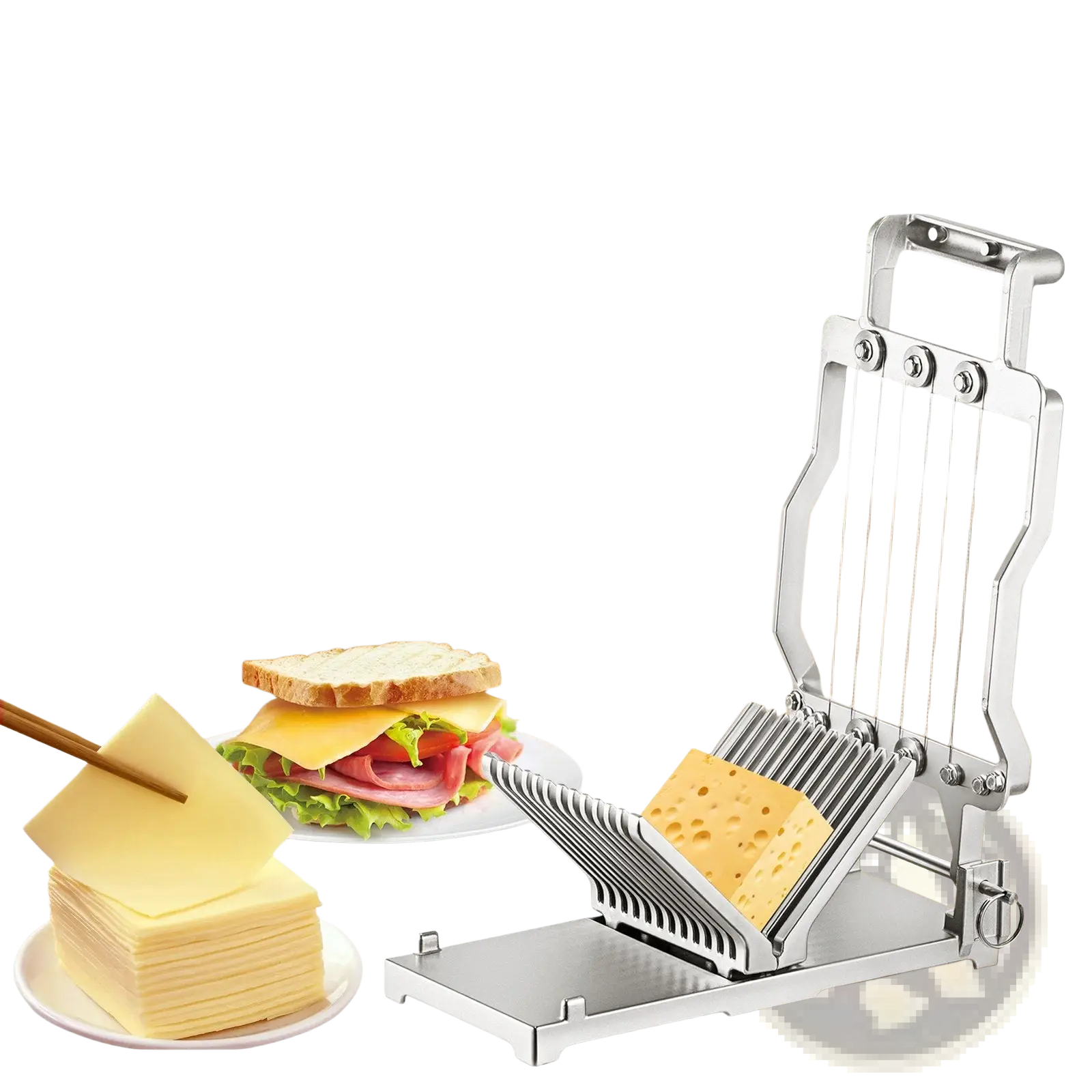 Stainless steel cheese slicer with wire 1cm and 2cm cutting blades and a handle for precise slicing