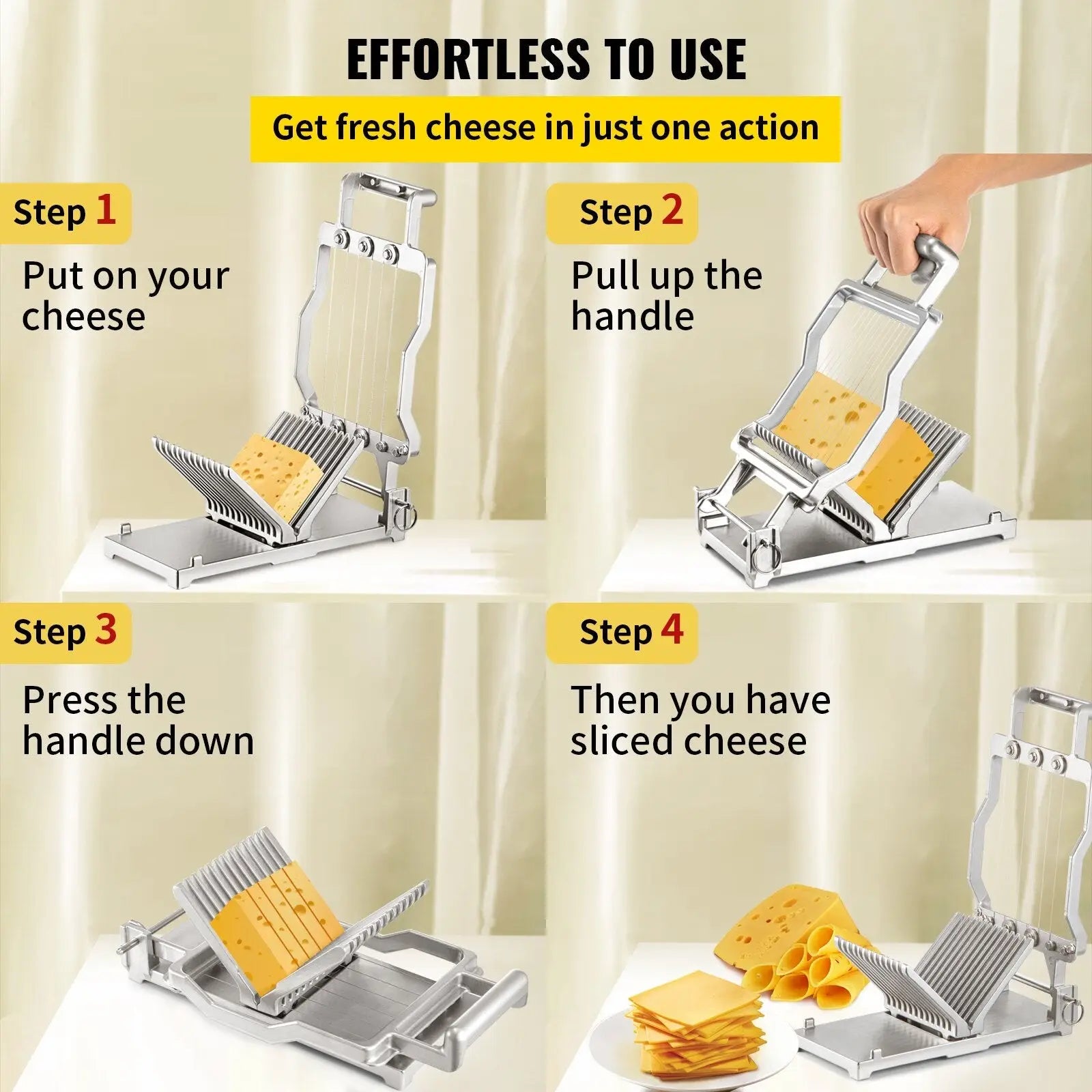 Silver manual cheese slicer with adjustable wire blades and a sturdy handle for precise 1cm and 2cm cutting