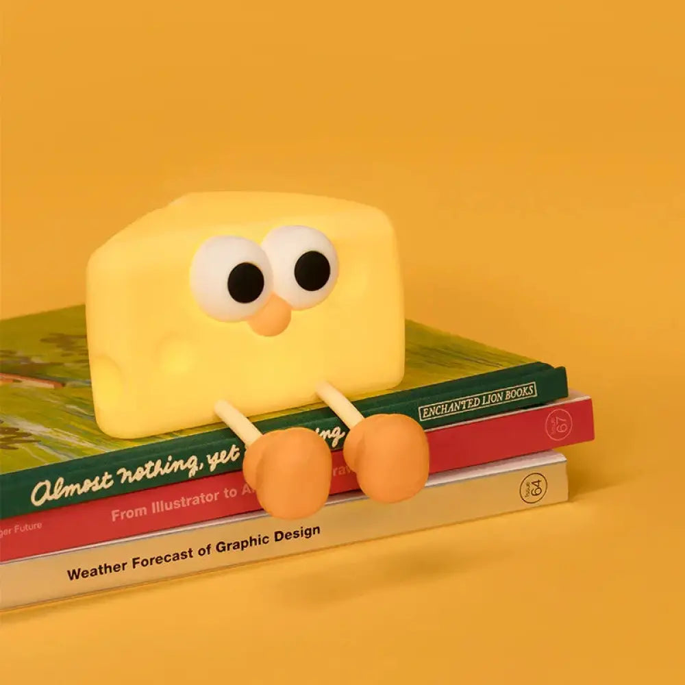Cute cheese silicone led night light in yellow with plush texture googly eyes and orange feet for kids