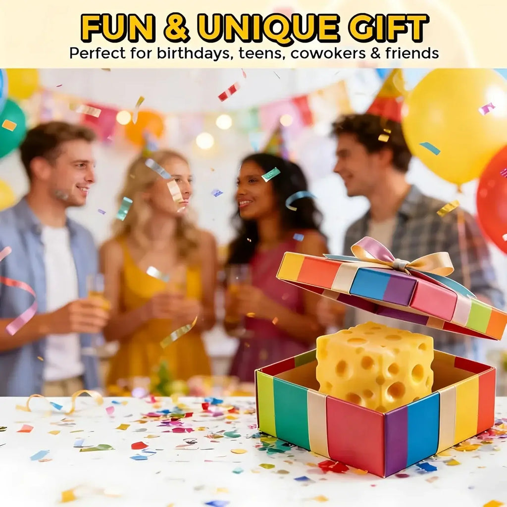 A vibrant rainbow-striped gift box contains a yellow cheese squishy slow rebound anti-stress toy with holes