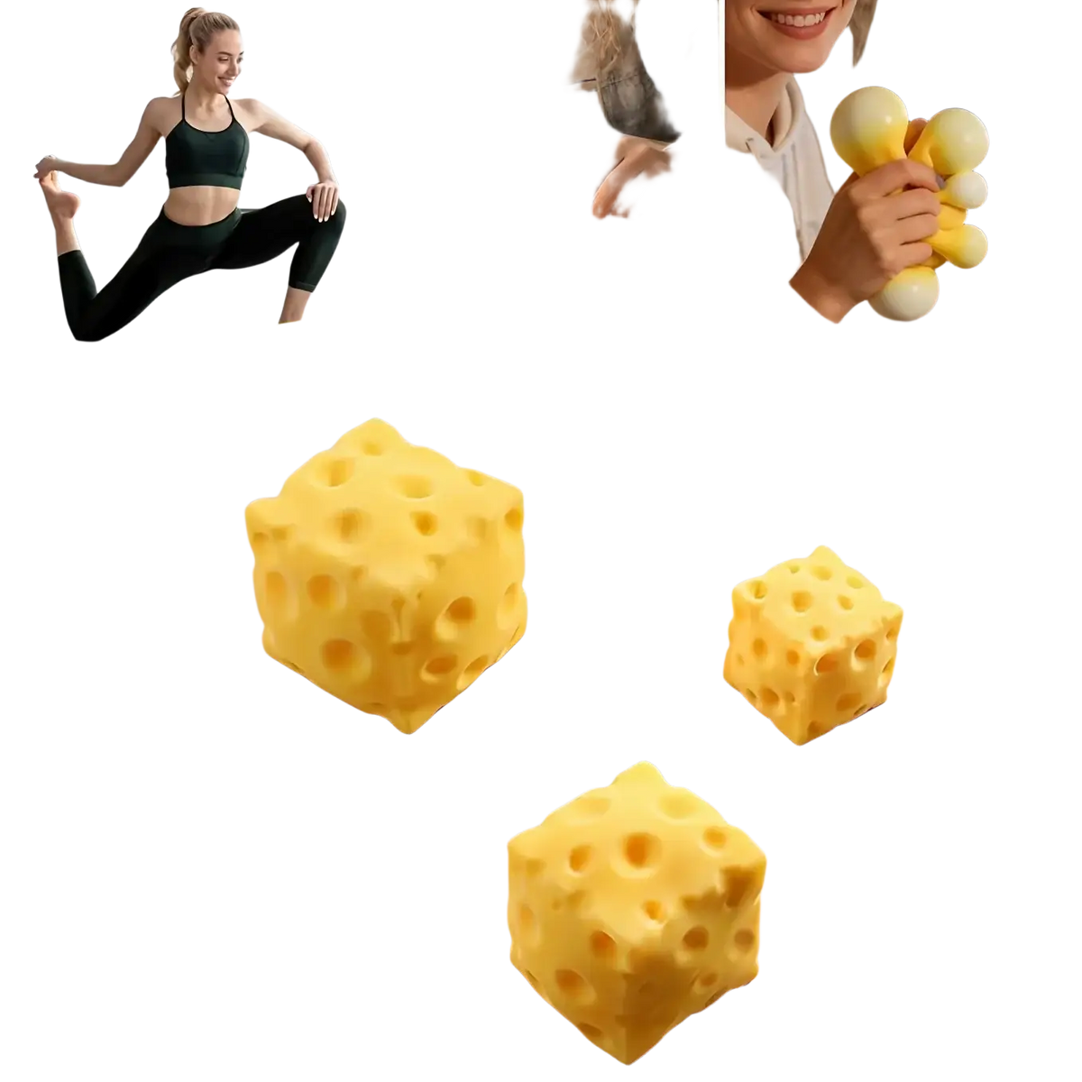 Yellow cube-shaped cheese squishy slow rebound anti-stress toy with a cheese-like texture and holes for stress relief