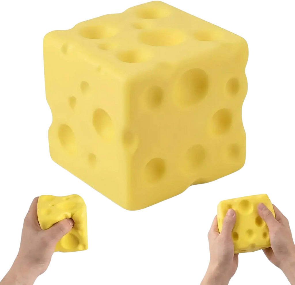 Yellow cube-shaped cheese squishy slow rebound anti-stress toy with cheese-like holes for stress relief