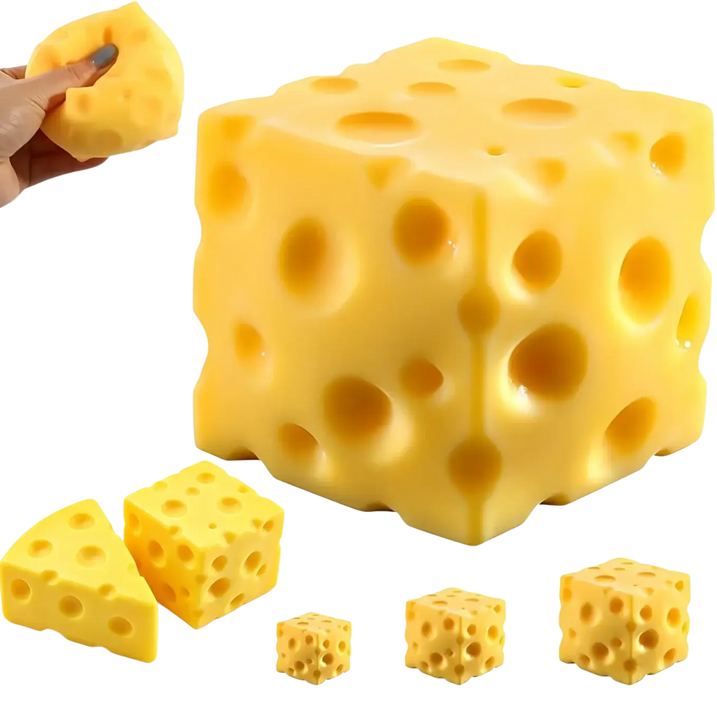 Yellow cube-shaped cheese squishy slow rebound anti-stress toy made of soft material with holes