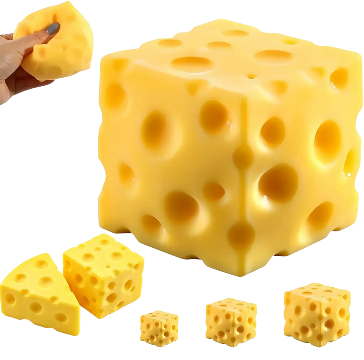 Yellow cube-shaped cheese squishy slow rebound anti-stress toy made of soft material with holes