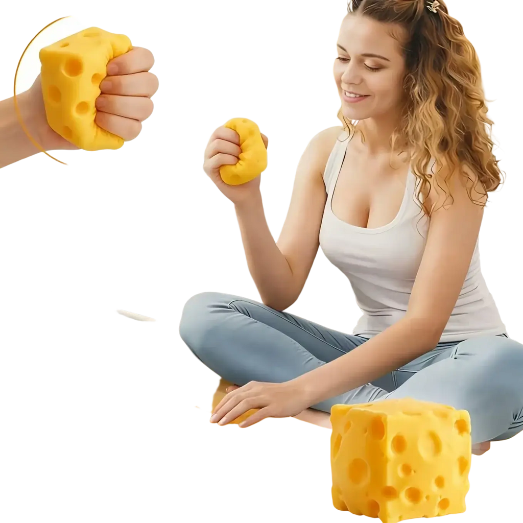 Yellow cheese squishy slow rebound anti-stress toy designed as a soft, squeezable stress relief ball