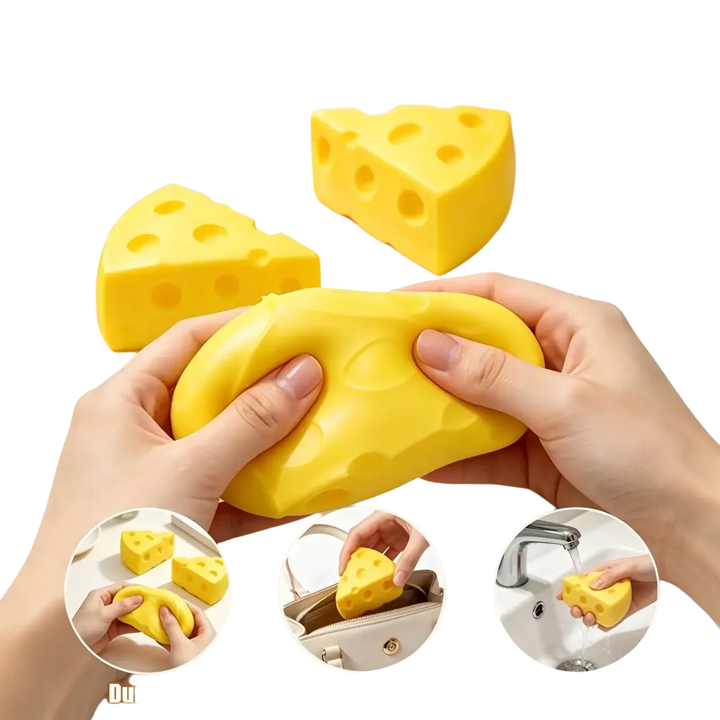 Yellow cheese squishy slow rebound anti-stress toy with holes and soft squishy texture for stress relief