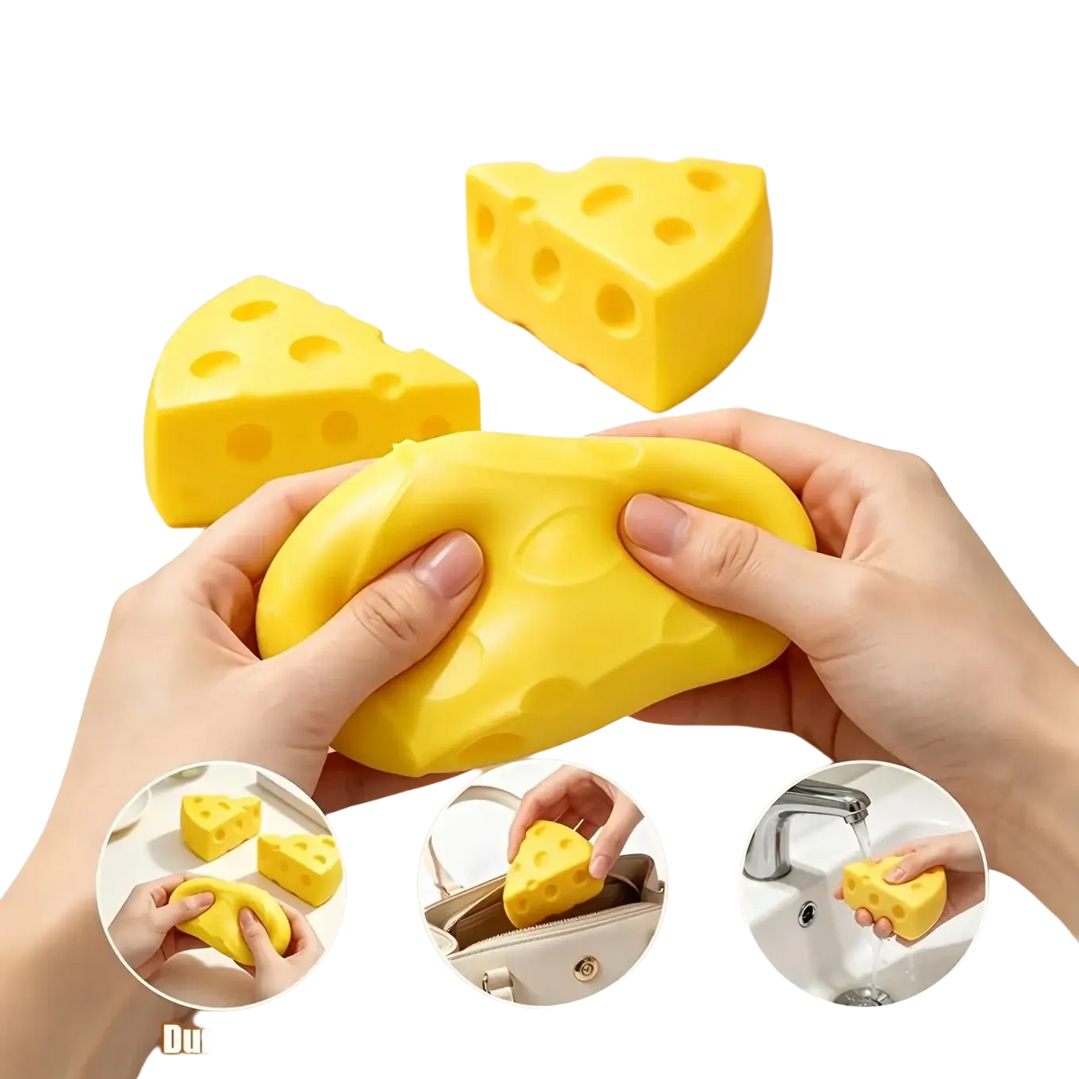Yellow cheese squishy slow rebound anti-stress toy with holes and soft squishy texture for stress relief