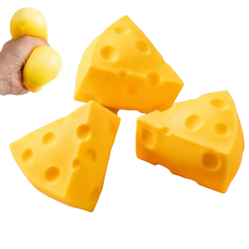 Yellow cheese-shaped cheese squishy stress balls with holes made of soft silicone for party favors and sensory toys