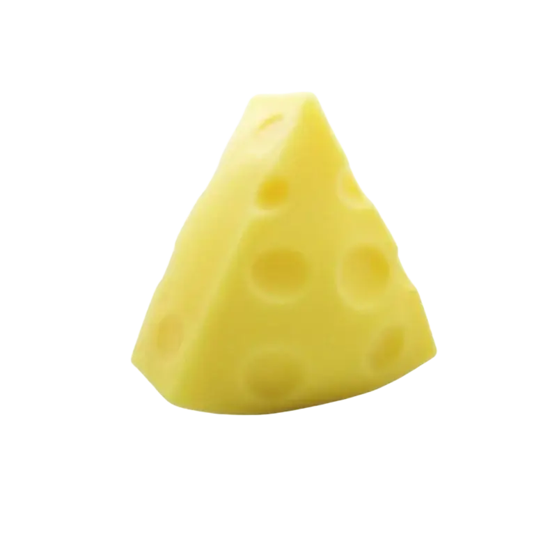 Yellow triangular cheese squishy candle with holes designed as a slow rising sensory toy party favor
