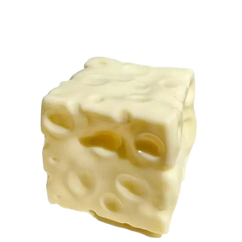 Cream-colored cube-shaped cheese squishy stress relief fidget toy with realistic swiss-style hole pattern