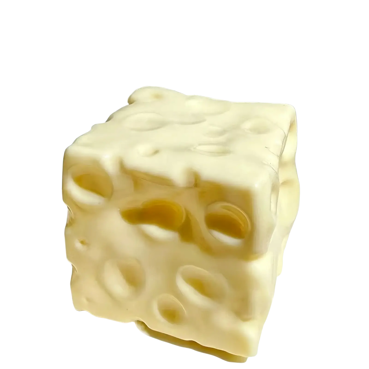 Cream-colored cube-shaped cheese squishy toy with textured surface and holes for slow rising sensory stress relief
