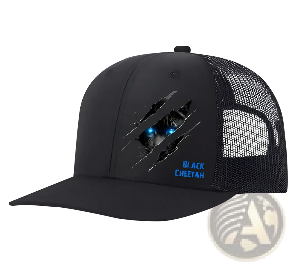 Black polyester cheetah graphic trucker hat for men featuring glowing blue eyes and matching blue lettering
