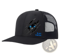 Black polyester cheetah graphic trucker hat for men featuring glowing blue eyes and matching blue lettering