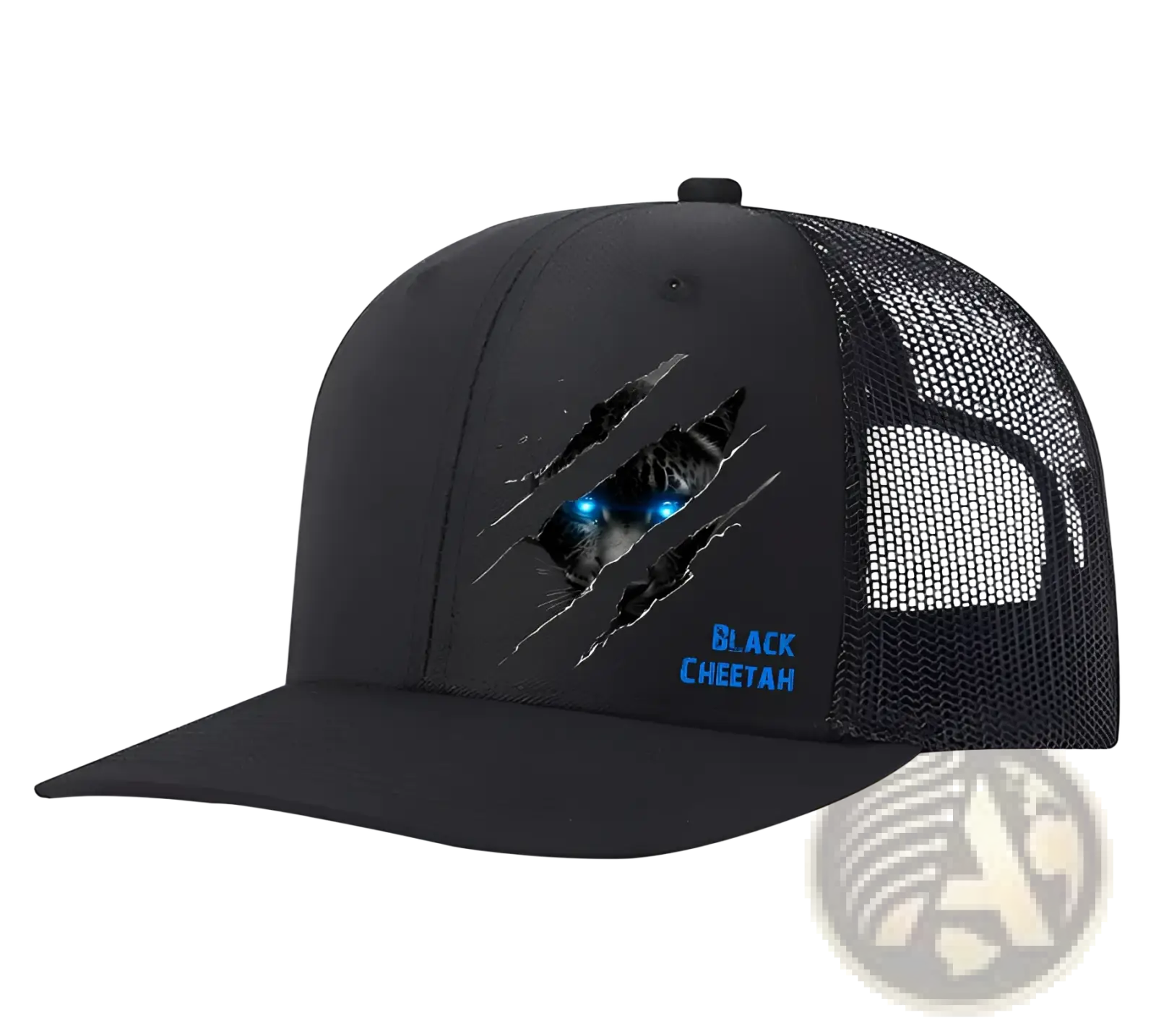Black polyester cheetah graphic trucker hat for men featuring glowing blue eyes and matching blue lettering