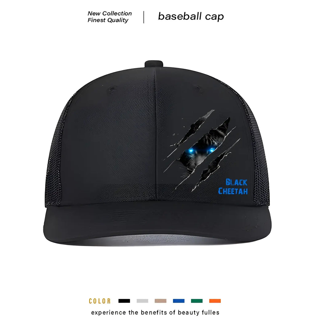 Black polyester baseball cap with glowing blue eyes graphic and black cheetah text for casual wear