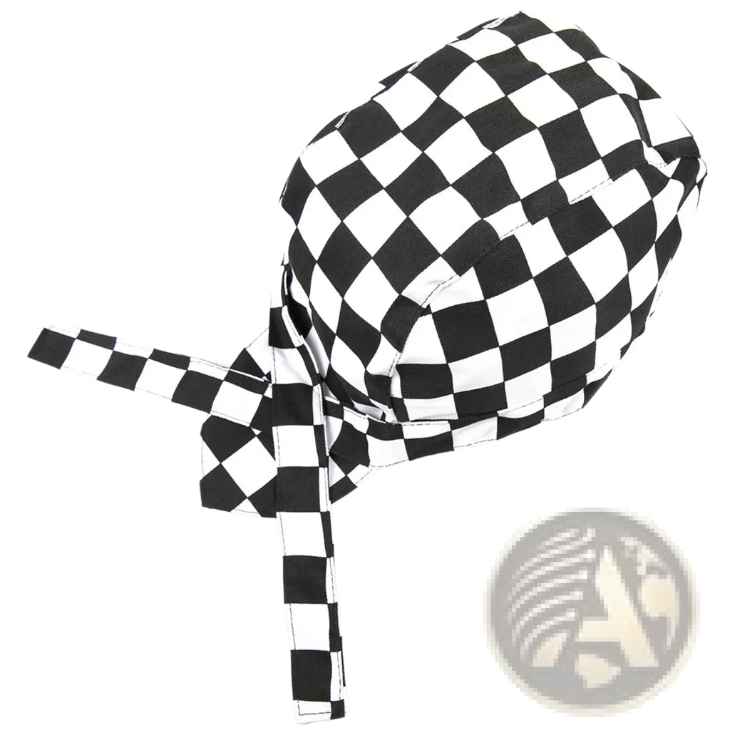 Black and white checkered fabric chef hat with adjustable ties for kitchen work cap multi pack shown from back side