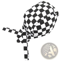 Black and white checkered fabric chef hat with adjustable ties for kitchen work cap multi pack shown from back side