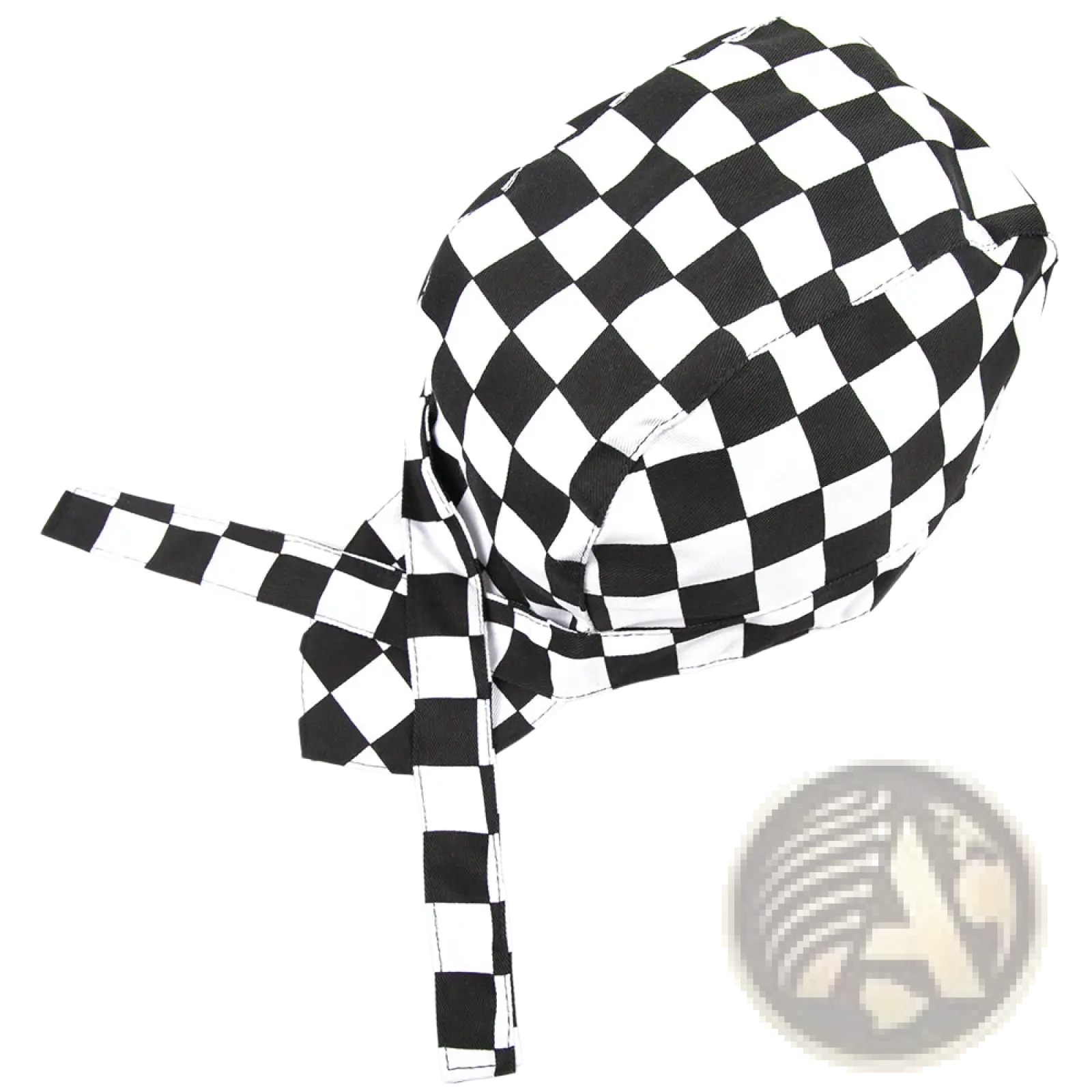Black and white checkered fabric chef hat with adjustable ties for kitchen work cap multi pack shown from back side