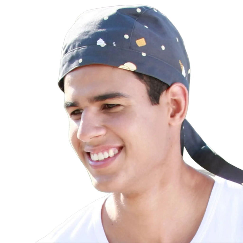 Dark blue adjustable chef hat with white and yellow geometric pattern bandana for kitchen work multi pack