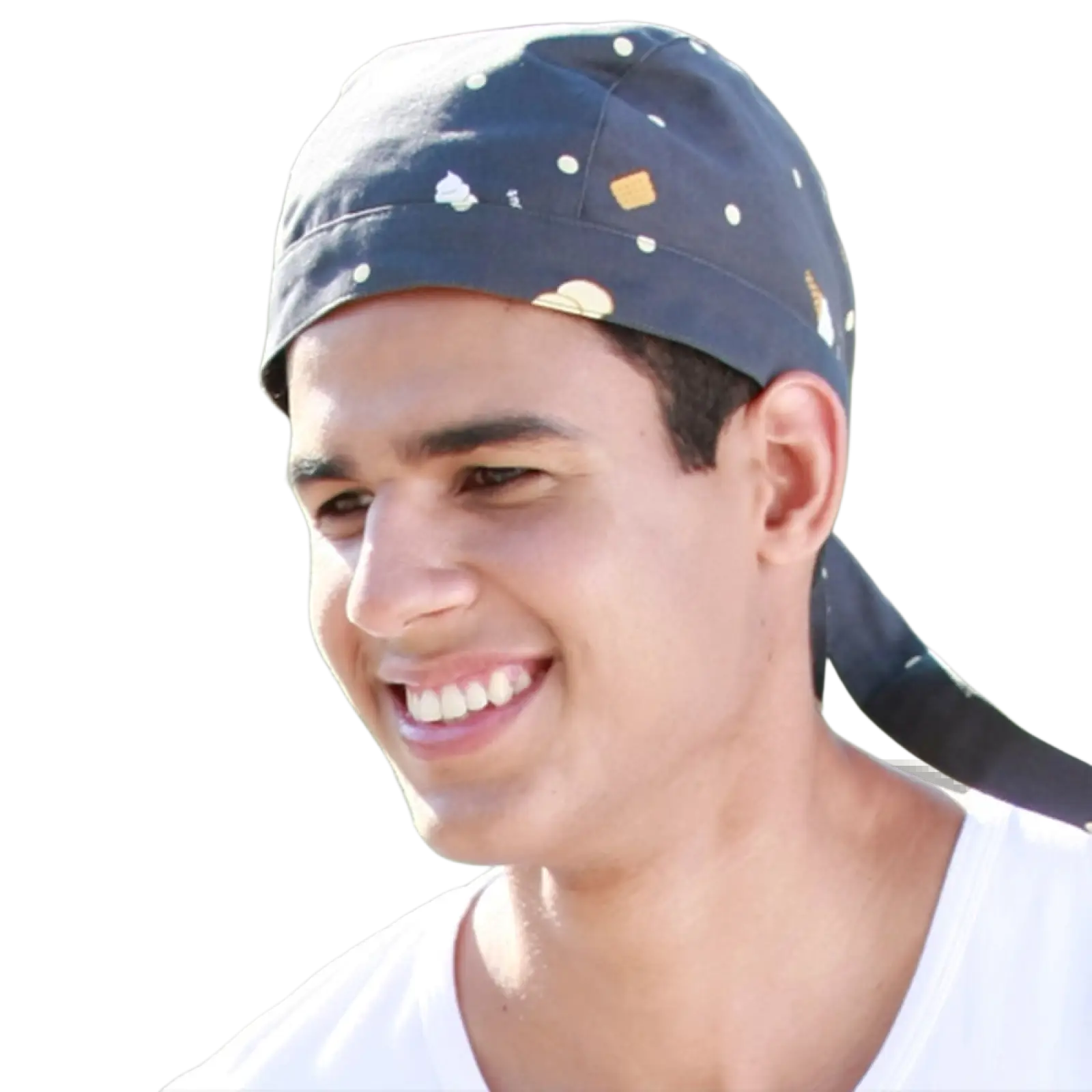 Dark blue adjustable chef hat with white and yellow geometric pattern bandana for kitchen work multi pack