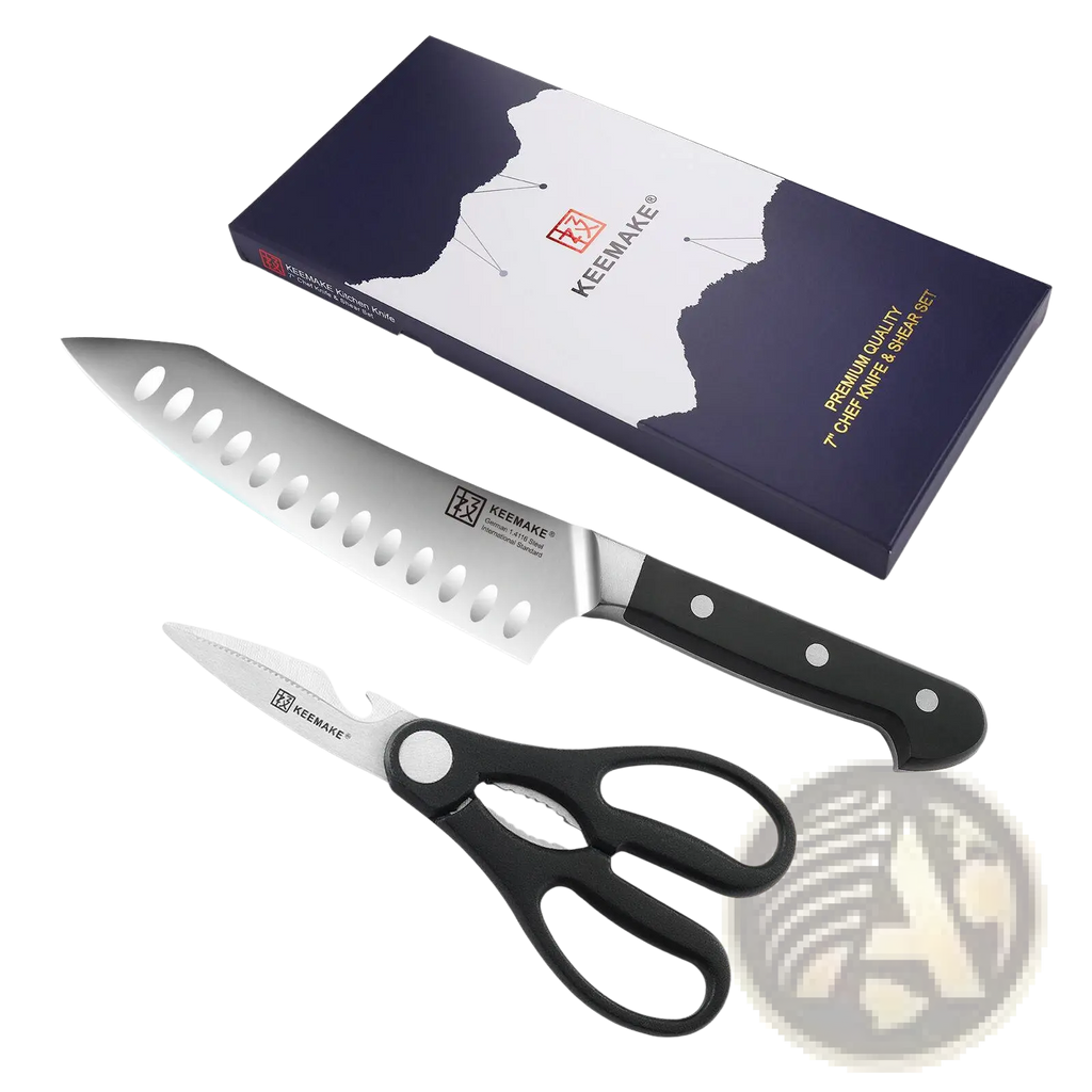 Black-handled chef knife with stainless steel blade and oval cutouts featuring keemake logo in chef knife set with kitchen shears