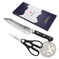 Black-handled chef knife with stainless steel blade and oval cutouts featuring keemake logo in chef knife set with kitchen shears