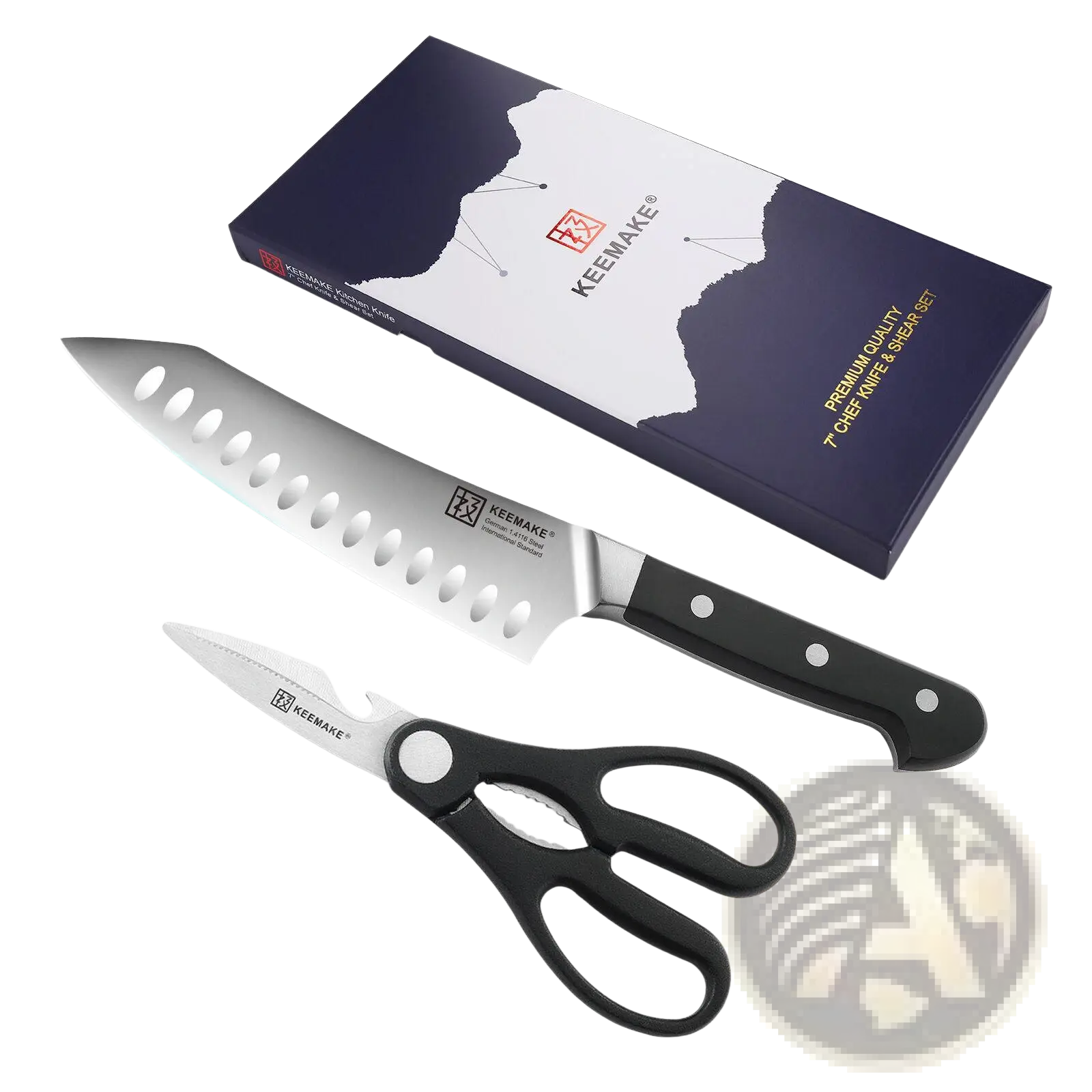 Black-handled chef knife with stainless steel blade and oval cutouts featuring keemake logo in chef knife set with kitchen shears