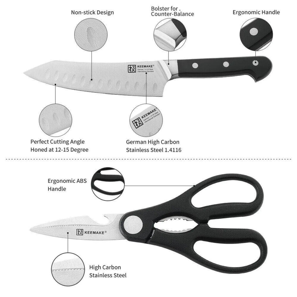 Chef knife set with black-handled stainless steel kitchen shears featuring non-stick blades and ergonomic grips