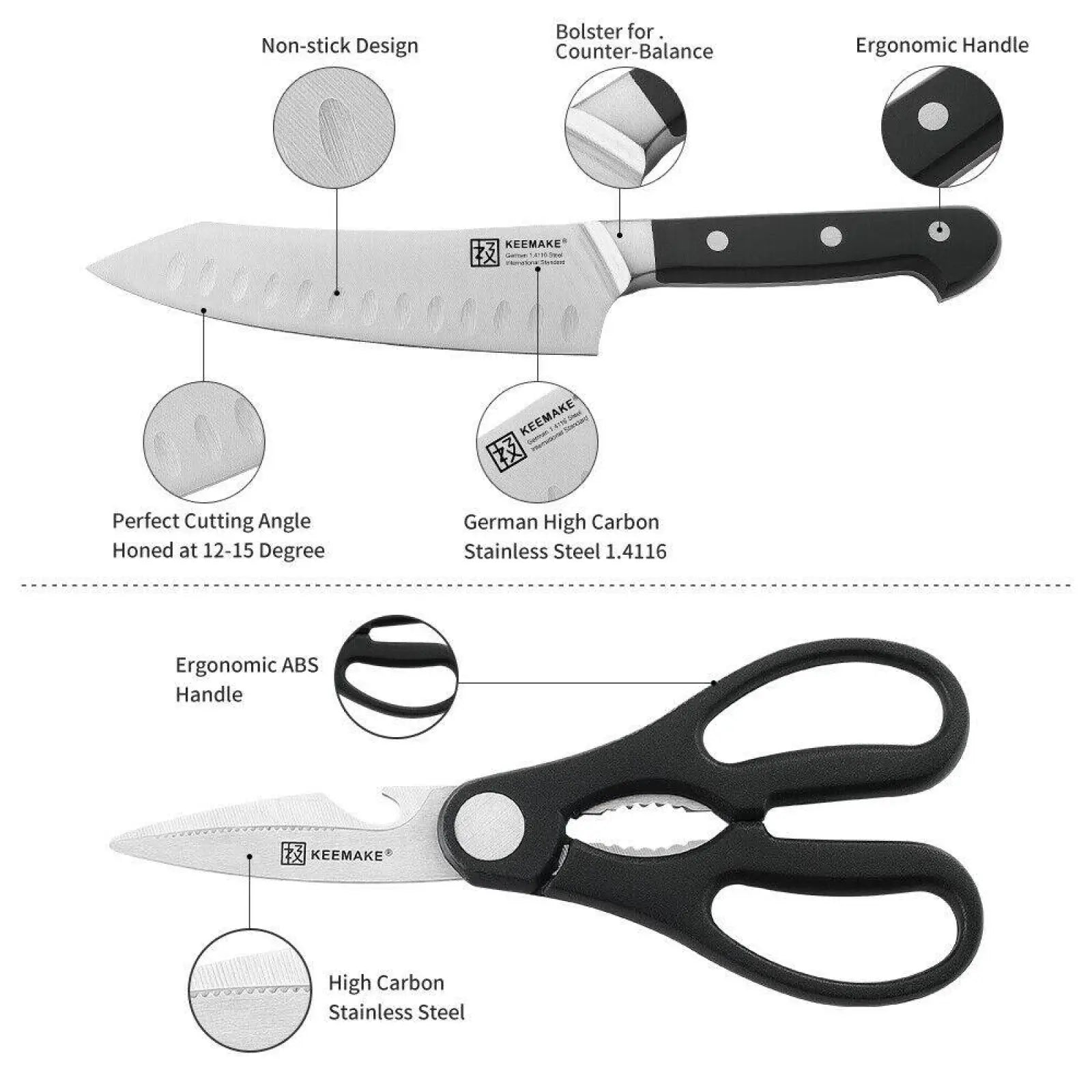 Chef knife set with black-handled stainless steel kitchen shears featuring non-stick blades and ergonomic grips
