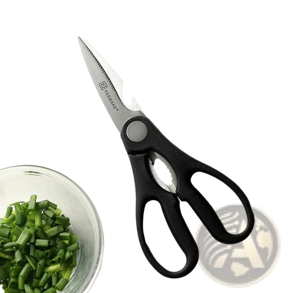 Black-handled kitchen scissors with stainless steel blades and built-in onion cutter from kemake chef knife set