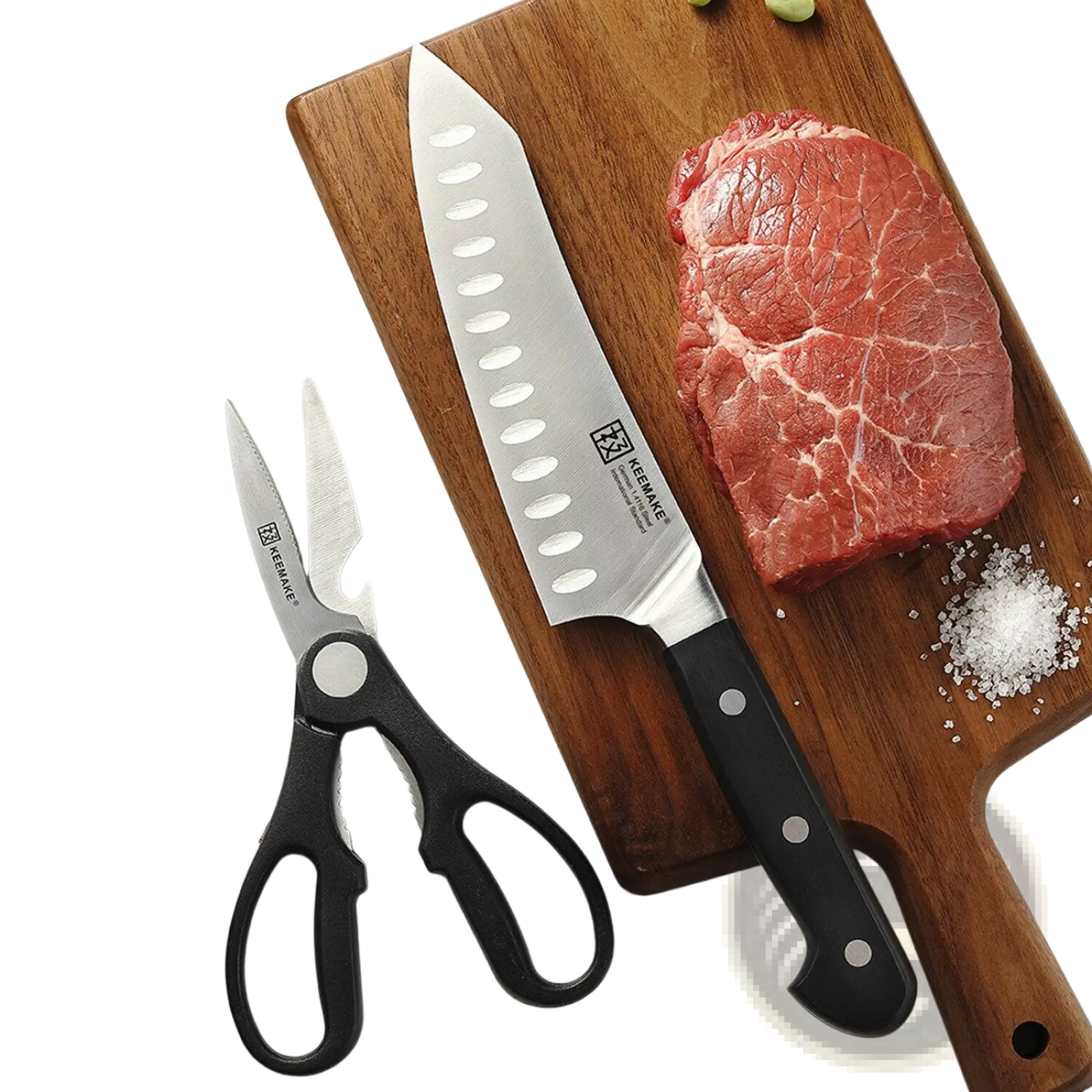 Black-handled stainless steel kitchen shears with integrated bottle opener from chef knife set