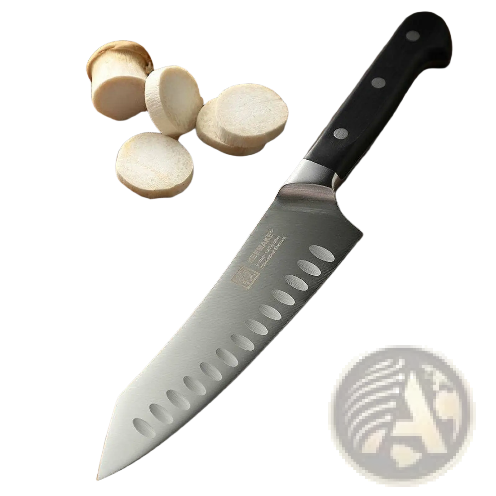 A sleek stainless steel chef knife with black handle and oval cutouts featured in a chef knife set with kitchen shears