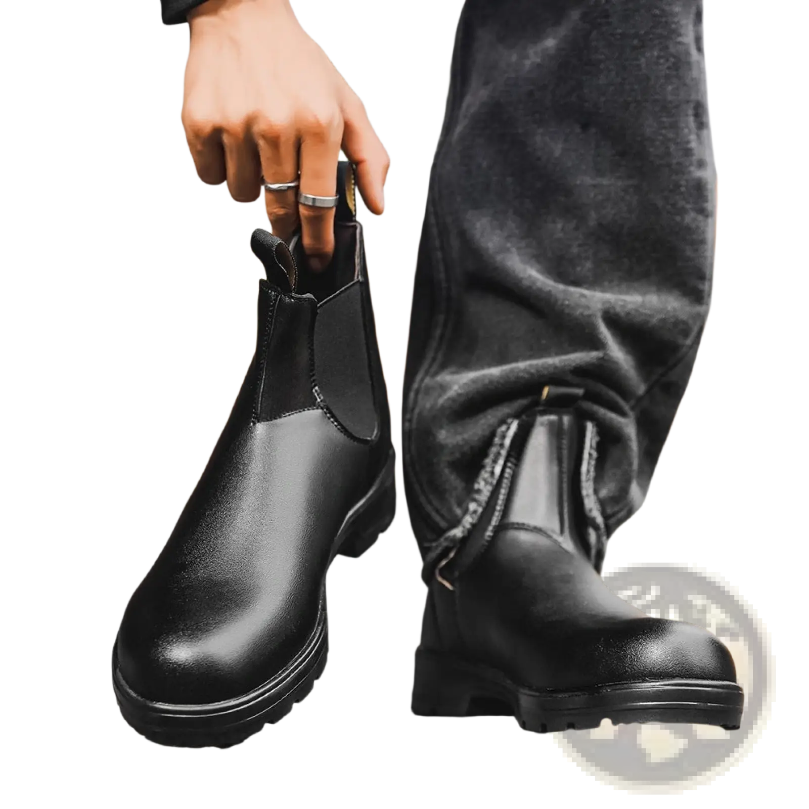 Black leather chelsea boots unisex vintage style with elastic side panels and chunky rubber sole front view