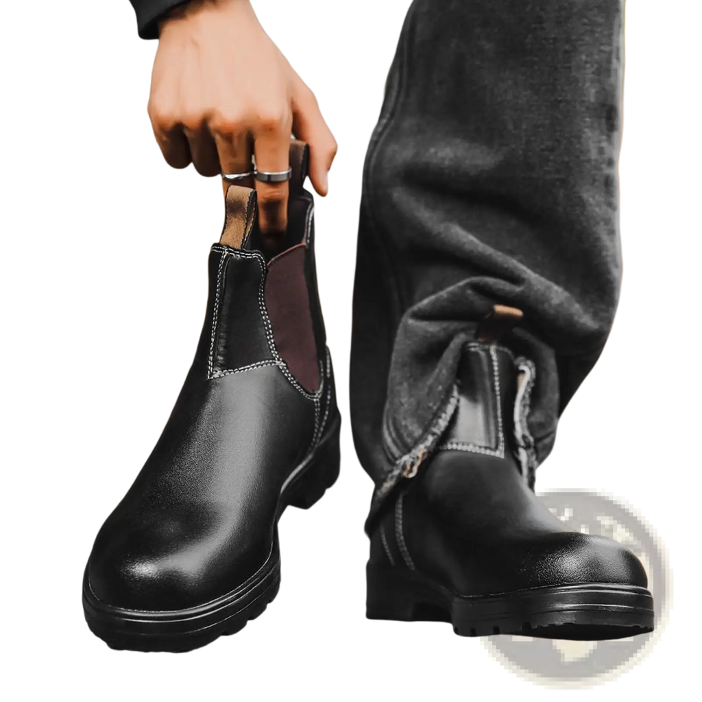 Black leather chelsea boots unisex vintage martin boots with dark brown lining and white stitching along seams