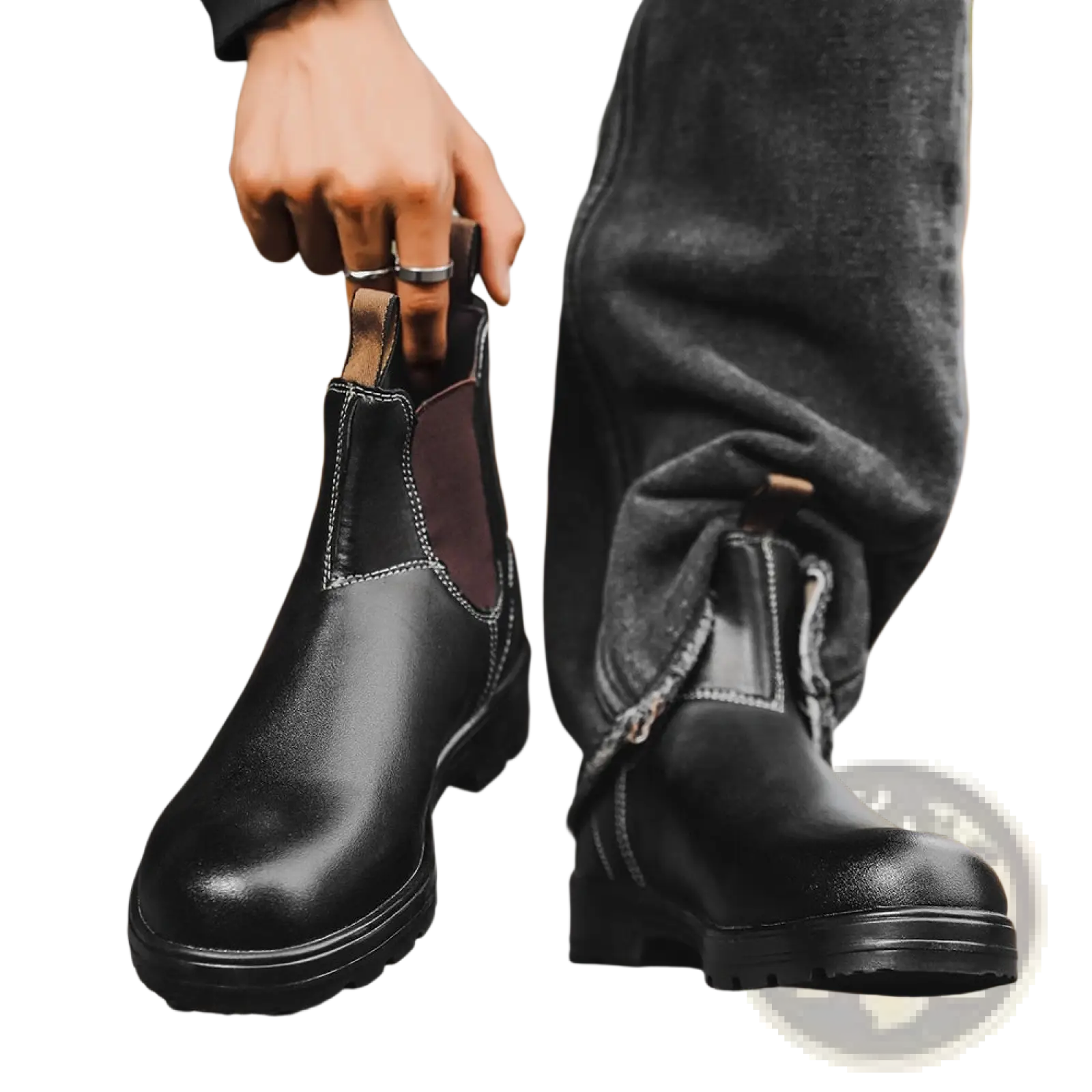 Black leather chelsea boots unisex vintage martin boots with dark brown lining and white stitching along seams