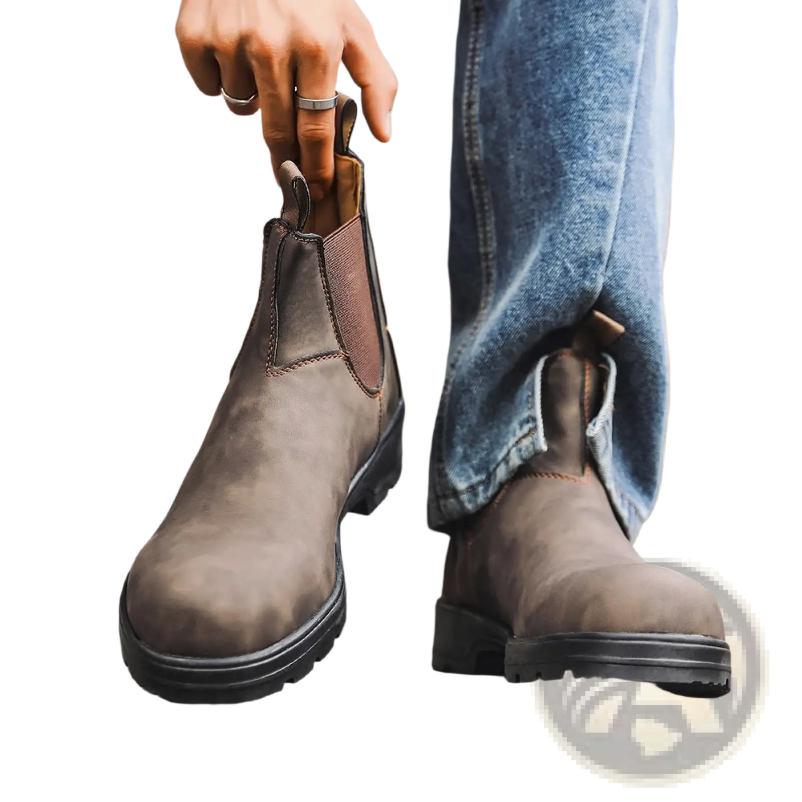 Brown suede unisex Chelsea boots with contrasting brown elastic side panel and black rubber sole vintage leather design