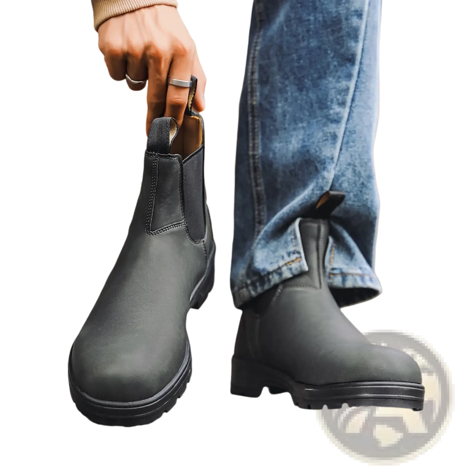 Dark gray unisex Chelsea boots with vintage matte leather finish and chunky rubber soles for durable wear