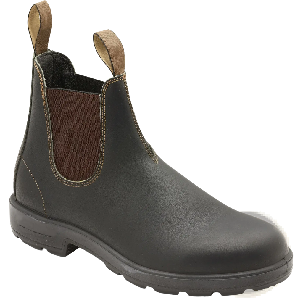 Black leather chelsea boot with brown elastic side panels and tan pull tabs from unisex vintage leather martin boots collection