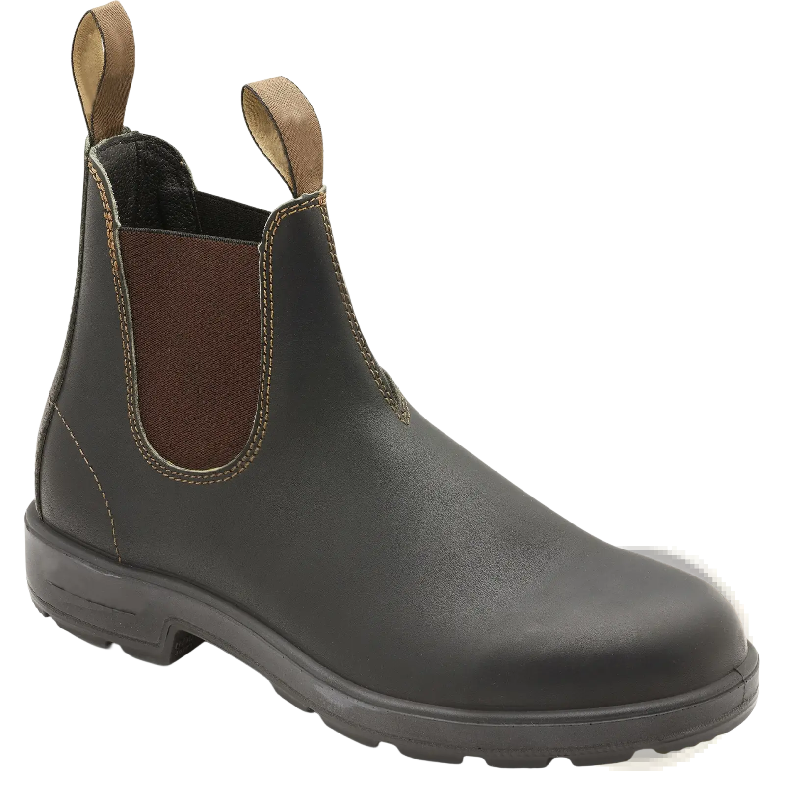 Black leather chelsea boot with brown elastic side panels and tan pull tabs from unisex vintage leather martin boots collection